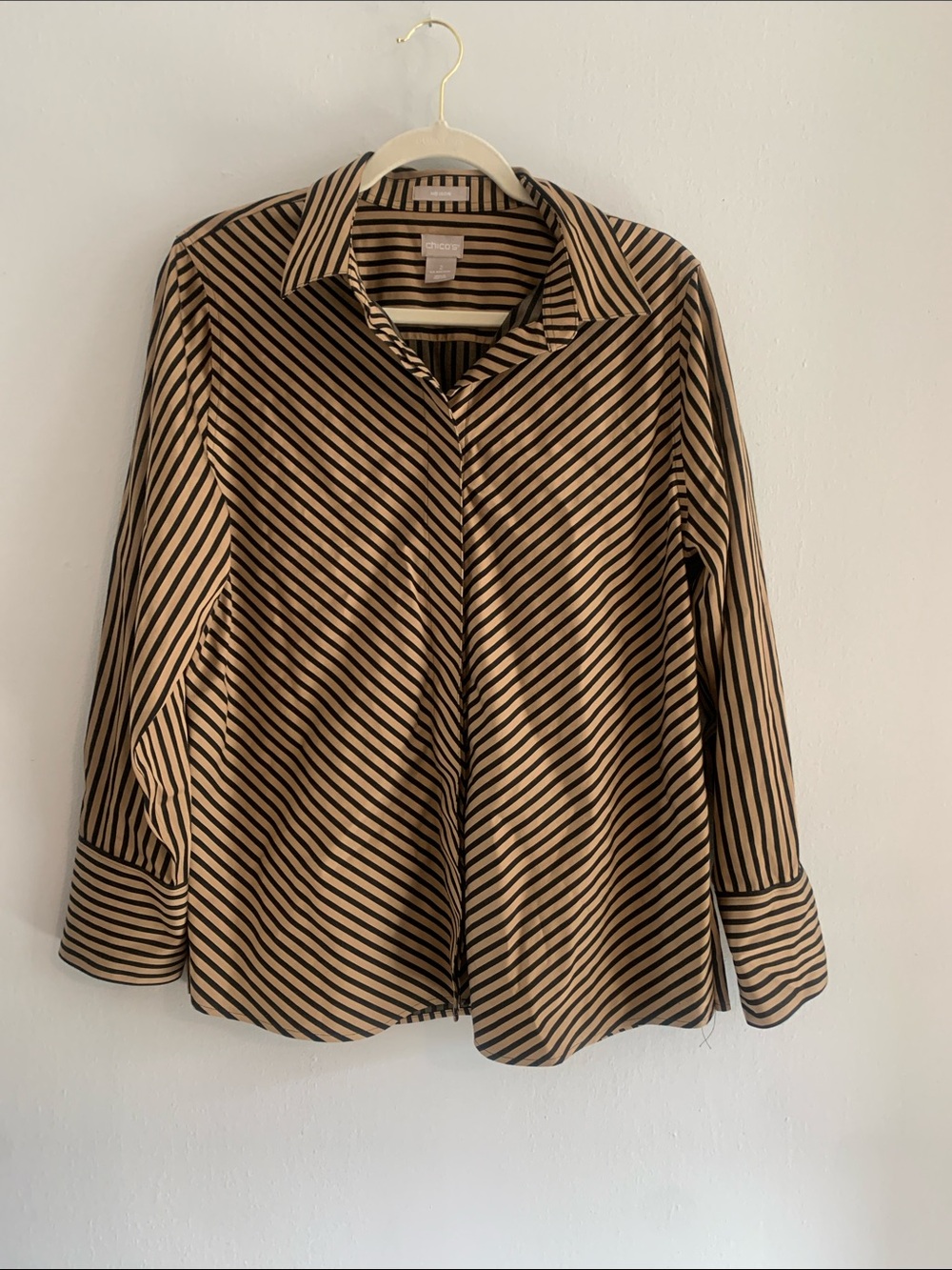 CHICOS Black and Tan Diagonal Stripe Button-Down Shirt
